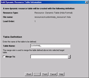 Add Dynamic Resource Table Information screen Add Dynamic Resource Table Information screen