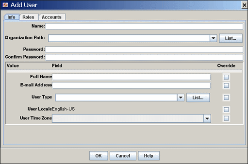Add User screen Info tab (global user) Add User screen Info tab (global user)