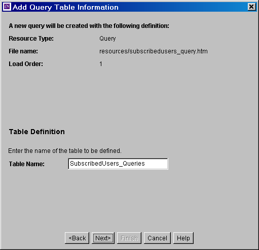 Add Query Table Information screen Add Query Table Information screen