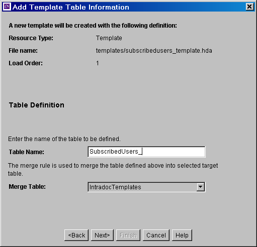 Add Template Table Information screen. Add Template Table Information screen.