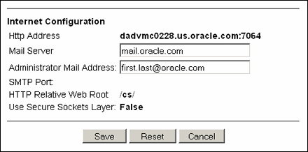 Admin Server Internet Configuration screen Admin Server Internet Configuration screen