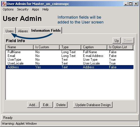 User Admin screen Information Fields tab User Admin screen Information Fields tab
