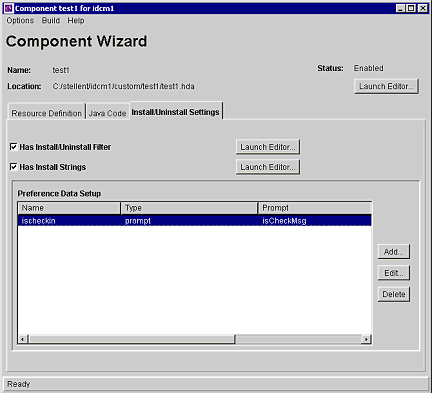 Component Wizard Install/UnInstall Settings tab. Component Wizard Install/UnInstall Settings tab.