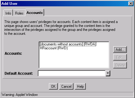 Surrounding text describes Usser User screen Accounts tab. Surrounding text describes Usser User screen Accounts tab.