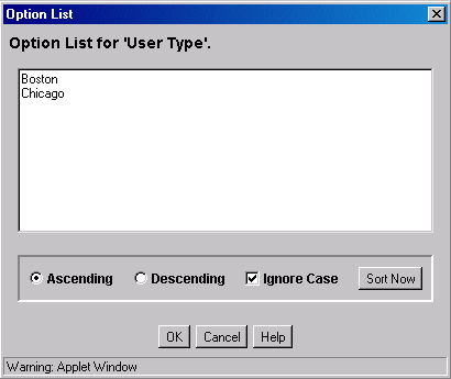 Option List for UserType screen Option List for UserType screen