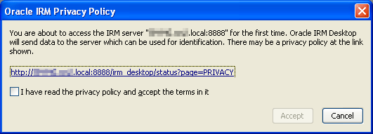 Oracle IRM Privacy Policy dialog Oracle IRM Privacy Policy dialog