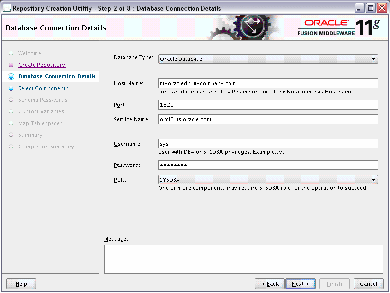 rcu database connection details screen rcu database connection details screen