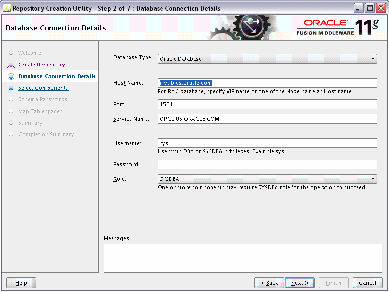 rcu database connection details screen rcu database connection details screen