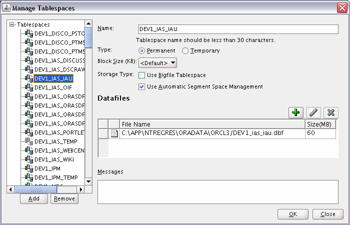 maange tablespaces screen maange tablespaces screen