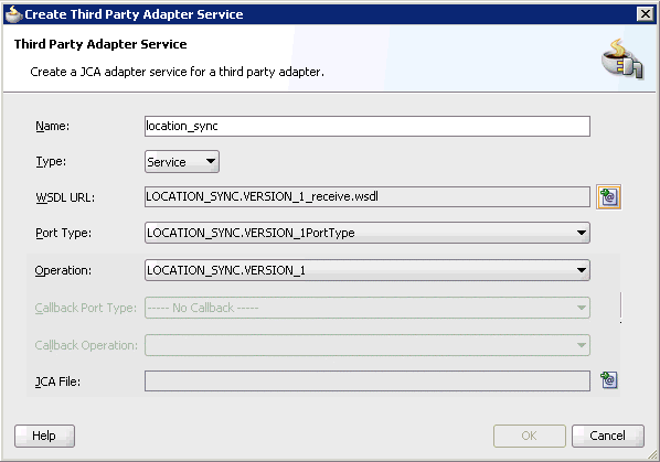 Create Third Party Adapter Service dialog box Create Third Party Adapter Service dialog box