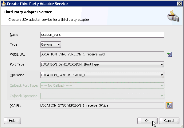 Create Third Party Adapter Service dialog box Create Third Party Adapter Service dialog box