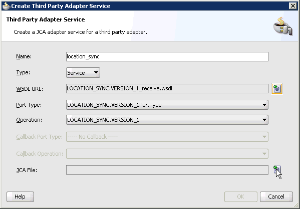 Create Third Party Adapter Service dialog box Create Third Party Adapter Service dialog box