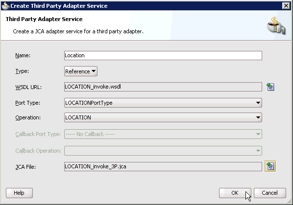 Create Third Party Adapter Service dialog box Create Third Party Adapter Service dialog box
