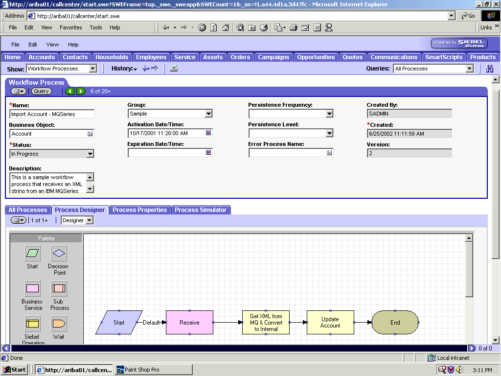 The Siebel Workflow Administration window. The Siebel Workflow Administration window.