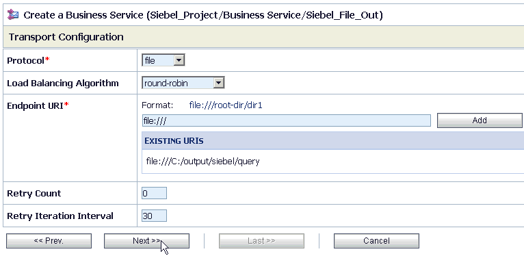 Transport Configuration page Transport Configuration page