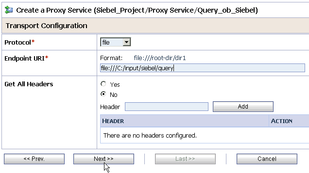 Transport Configuration page Transport Configuration page