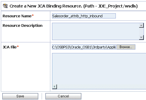 Create a New JCA Binding Resource page Create a New JCA Binding Resource page