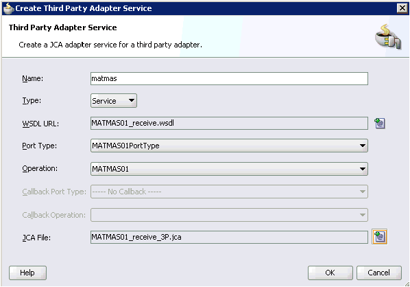 Create Third Party Adapter Service dialog box Create Third Party Adapter Service dialog box
