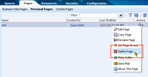 Delete Page option on page Actions menu Delete Page option on page Actions menu