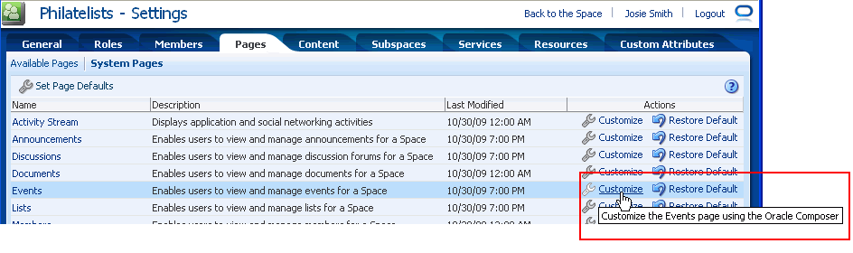 Customize link on a Space system page Customize link on a Space system page