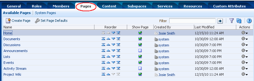 Space Administration: Pages Page Space Administration: Pages Page