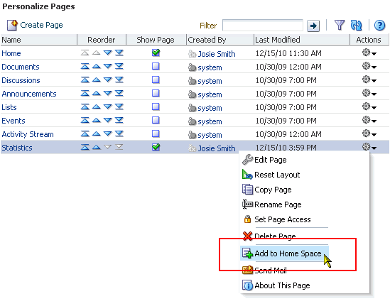 Add to Home Space option on Actions menu Add to Home Space option on Actions menu