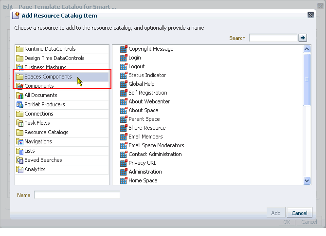 Spaces components in the Add Resource Catalog Item dialog Spaces components in the Add Resource Catalog Item dialog