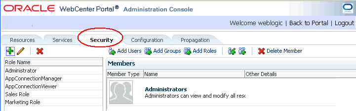 WebCenter Portal Administration Console - Security Tab WebCenter Portal Administration Console - Security Tab