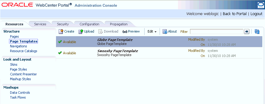 WebCenter Portal Administration Console - Resources Page WebCenter Portal Administration Console - Resources Page