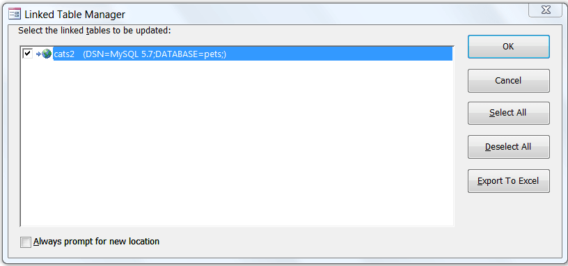 Shows the "Linked Table Manager" dialog with the cats2 table selected with its associated check box selected.
