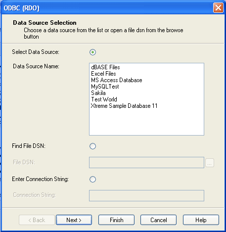 Three options include "Select Data Source" that displays a list of selectable pre-configured Data Source Names, "Find File DSN" with a select box to choose a file, and "Enter Connection String" to manually enter a connection string.