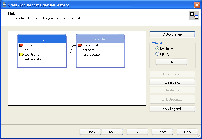 Example shows two linked tables named "city" and "country". The left pane shows the two table objects as boxes with column names with a line linking tables city to country. The right pane includes options to "Auto-Arrange", "Auto-Link" by name or key, "Order Links", "Clear Links", "Delete Link", "Link Options", and "Index Legend".