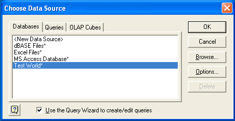 Shows the initial "Choose Data Source" dialog in the Microsoft Query wizard. The three available tabbed sections are "Databases", "Queries", and "OLAP Cubes". The "Databases" tab is selected that shows the following fields: "New Data Source", "dBASE Files", "Excel Files", "MS Access Database" and "Test World" where "Test World" is selected. The "Use the Query Wizard to create/edit queries" option's check box is selected.