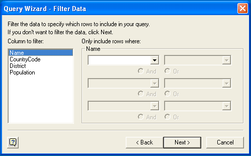 The left pane titled "Column to filter" lists available columns, and the right pane titled "Only include rows where" with six select boxes each with "And" and "Or" options for defining the filter's WHERE clause behavior.