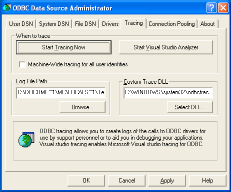 Tracing example includes the "Log File Path" and "Custom Trace DLL" values set, along with buttons to "Start Tracing Now" and "Start Visual Studio Analyzer".