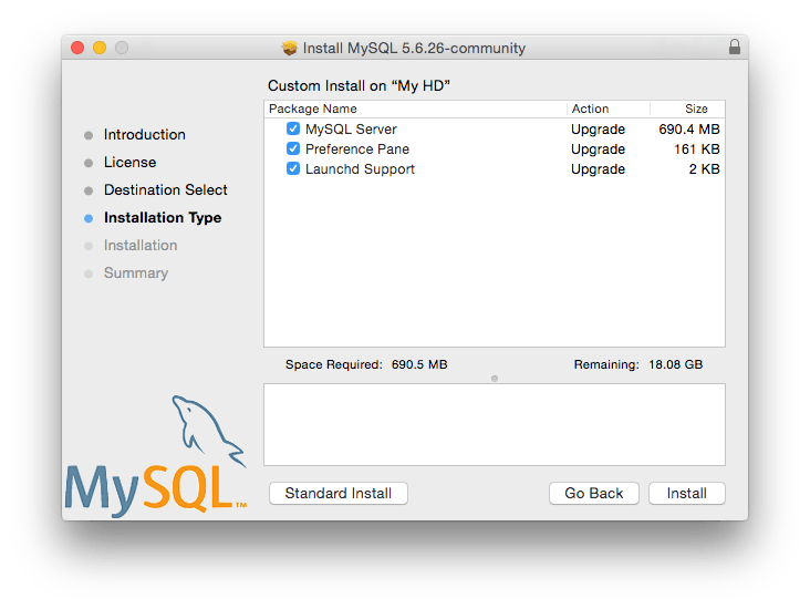 Customize shows three package name options: MySQL Server, Preference Pane, and Launchd Support. All three options are checked.