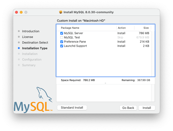 Customize shows three package name options: MySQL Server, MySQL Test, Preference Pane, and Launchd Support. All three options are checked.