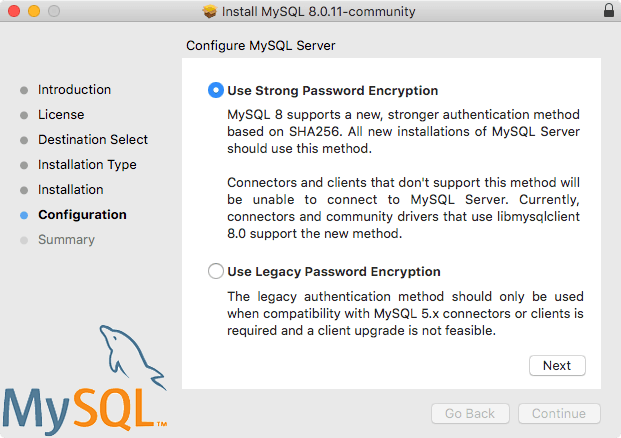 ほとんどのコンテンツは周囲のテキストで説明されています。 インストーラでは、caching_sha2_password を「強力なパスワード暗号化の使用」、mysql_native_password を「レガシーパスワード暗号化の使用」と呼びます。