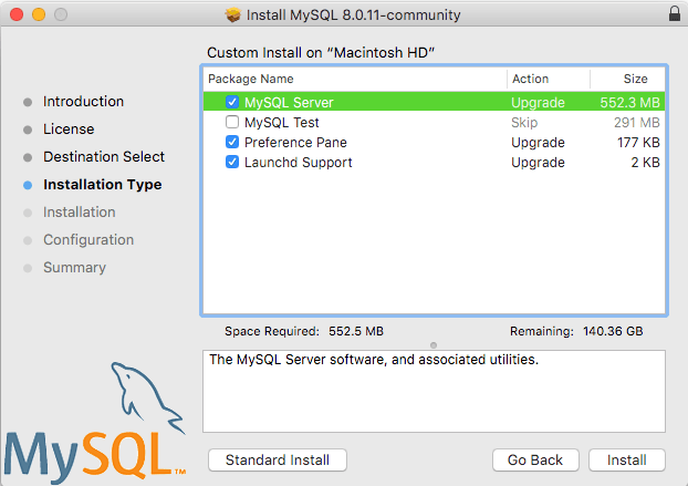 カスタマイズは 3 つのパッケージ名オプションを表示します: MySQL Server、MySQL テスト、プリファレンスペインおよび起動されたサポート。 3 つのオプションがすべてチェックされます。