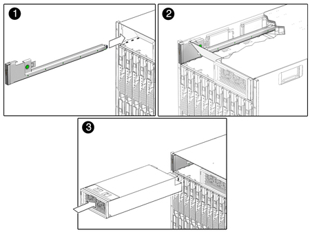Figure shows FIM and power supply sliding into chassis. image:Figure shows FIM and power supply sliding into chassis.