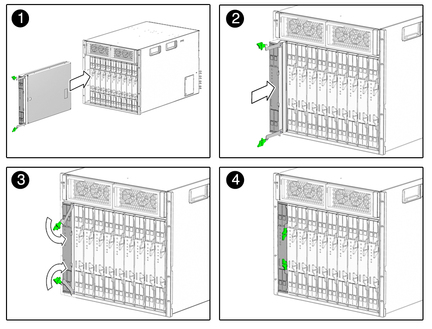 Figure shows server or storage module insertion and ejector levers closing. image:Figure shows server or storage module insertion and ejector levers closing.