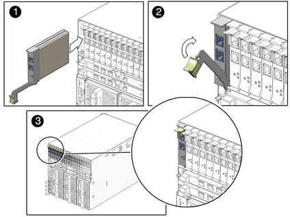 Figure shows PCI EM sliding into chassis and lever rotating up to latch. image:Figure shows PCI EM sliding into chassis and lever rotating up to latch.