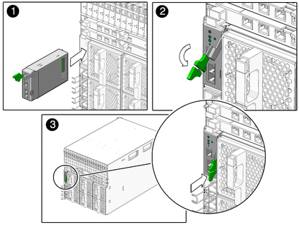 Figure shows CMM sliding into chassis. The lever swings down to latch CMM in place. image:Figure shows CMM sliding into chassis. The lever swings down to latch CMM in place.