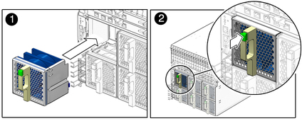 Figure shows the fan module sliding into the back of the chassis. image:Figure shows the fan module sliding into the back of the chassis.