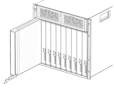 Figure shows filler panel ejector lever rotated down and filler panel sliding out of chassis. image:Figure shows filler panel ejector lever rotated down and filler panel sliding out of chassis.