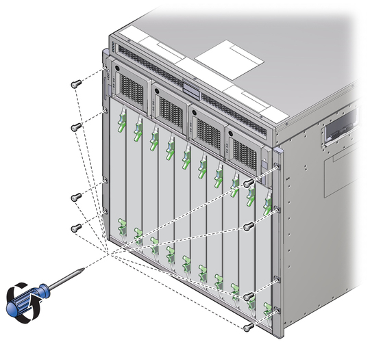 Figure showing removal of the screws from the front of the chassis. image:Figure showing removal of the screws from the front of the chassis.