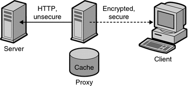 Diagram showing a secure client connection to proxy. Diagram showing a secure client connection to proxy.