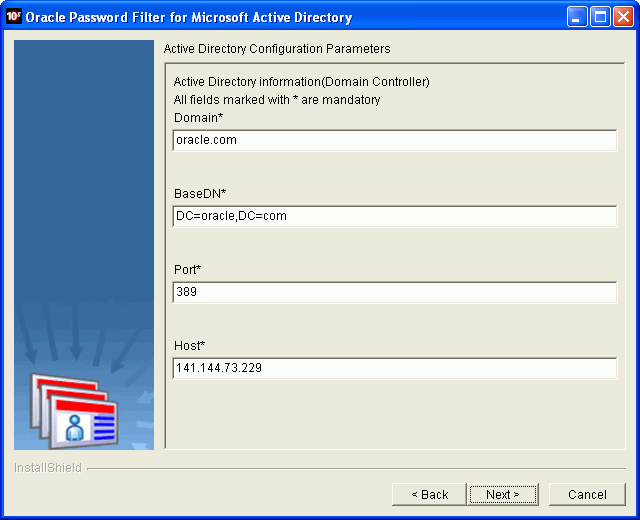 Oracle Password Filter for AD installer screen Oracle Password Filter for AD installer screen