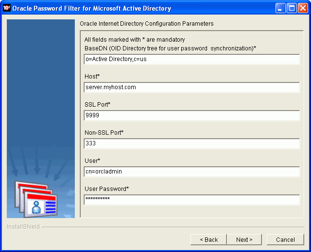 Oracle Password Filter for AD installer screen Oracle Password Filter for AD installer screen