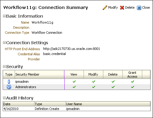 Workflow Connection Summary page Workflow Connection Summary page